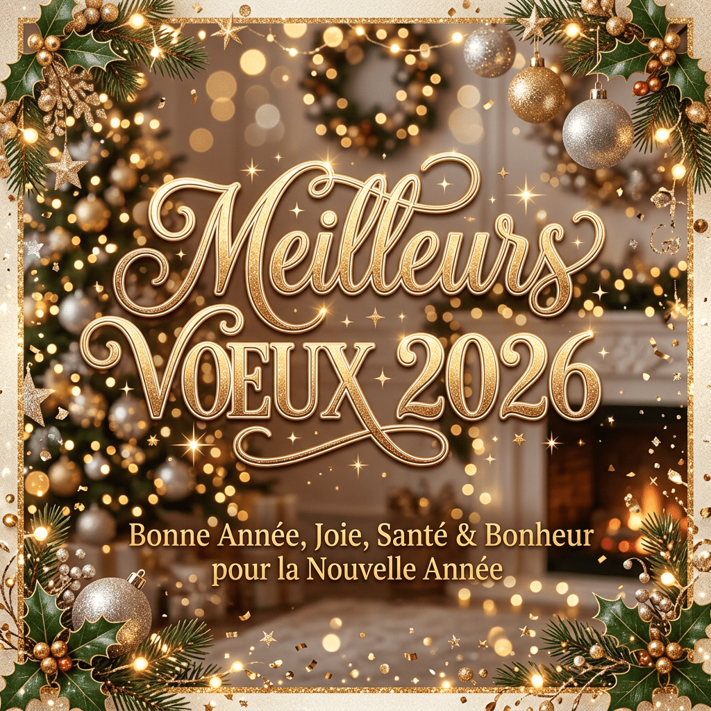 Meilleurs Voeux 2026 with text wishing joy, health, and happiness for the New Year